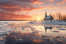A Serene Snowy Landscape With A Solitary Church Steeple Against The Backdrop Of A Setting Sun, Symbolizing The Peacefulness And Reflection Of Christmas. Generative Ai.