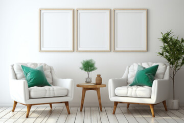 Wall Mural - A pair of armchairs against a white wall adorned with a large framed poster in a Scandinavian-style living room. Generative Ai.