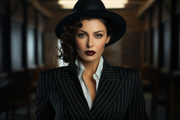 Wall Mural - A confident vintage woman in a sharp pinstripe suit, channeling the power and strength of women in the 1940s. Generative Ai.