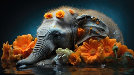 Poster -  a close up of an elephant laying in a body of water with flowers on it's head and tusks sticking out of its trunk.  generative ai