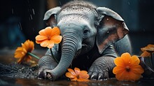  A Baby Elephant Playing In A Puddle Of Water With Orange Flowers In It's Trunk And Tusks Sticking Out Of It's Trunk.  Generative Ai