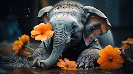 Poster -  a baby elephant playing in a puddle of water with orange flowers in it's trunk and tusks sticking out of it's trunk.  generative ai