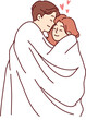 Romantic man and woman wrapped in white blanket embrace and feel love and passion