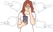 © drawlab19 - Upset woman with phone suffers from bullying and hate in internet, receiving offensive messages