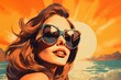 Portrait of a beautiful fashionable woman with a hairstyle and sunglasses, swims in the sea, at sunset, blue sky background. Illustration, poster in style of the 1960s