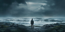 A Man Standing On The Shore Looking Out Into A Murky Ocean Depicting The Struggle Between Man And Nature With Ocean Theme
