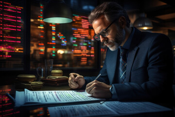 Wall Mural - A businessman poring over a complex financial statement, capturing the Concept of corporate debt analysis. Generative Ai.