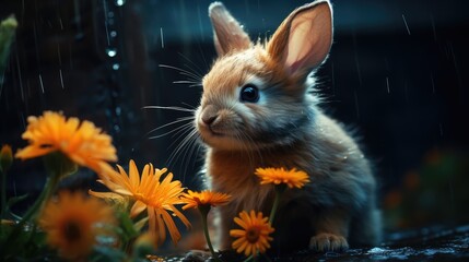 Wall Mural -  a small rabbit sitting in a field of daisies in the rain with drops of water on it's face.  generative ai
