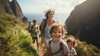 family with small children hiking outdoors in summer nature, walking in madeira mountains