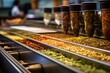 Close-up view of a conveyor belt moving diverse spices and herbs in a scented food processing facility. Generative AI