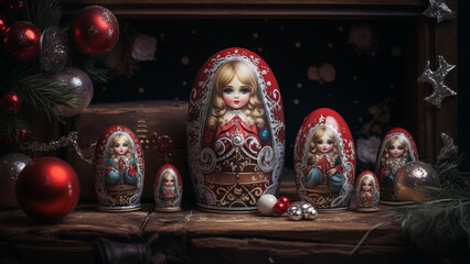 Wall Mural - Several cute matryoshkas in front of the Christmas tree