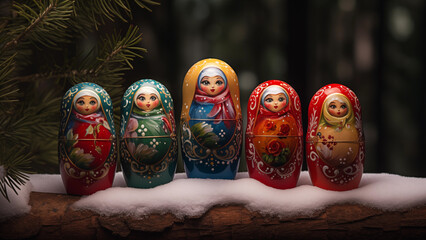 Wall Mural - Several cute matryoshkas in front of the Christmas tree