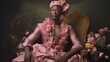 Queer, Transgender, Black, Nonbinary, Trans Woman Portrait wearing Pink Silk Shirt Dress Hat Flowers Lei Boa in front of Dark Studio Background for Fashion Glamour