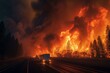Fire encroaching on Highway 50 amidst the Caldor wildfire in California. Generative AI