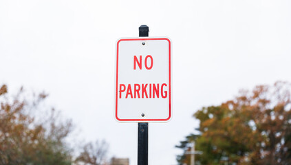 No Parking sign against an urban backdrop, a symbol of restricted access and order in the city