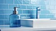  a bathroom sink with a soap dispenser and soap dispenser in front of a blue tiled wall.  generative ai