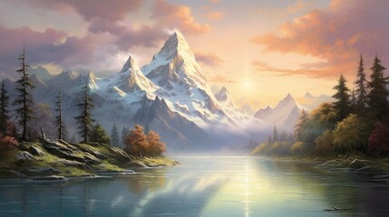 Wall Mural -  a painting of a mountain with a lake in the foreground and trees on the other side of the mountain.  generative ai