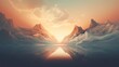  a painting of a mountain range with a lake in the foreground and a sunset in the background with clouds in the sky.  generative ai