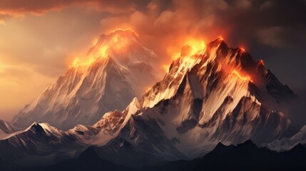 Sticker -  a very tall mountain with a lot of snow on it's sides and a fire in the sky above it.  generative ai