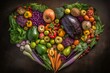 Vibrant vegetable heart shaped in a backdrop of fresh produce grown naturally, representing health. Generative AI