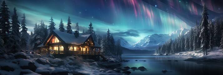 Wall Mural - Winter polar light over Santa house 