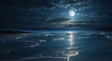 Wall Mural - As the moon rises over the dark, tranquil ocean - AI Generative