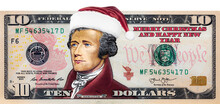 Alexander Hamilton From US 10 Dollar Banknote In Santa Claus Hat