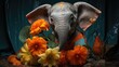  an elephant with tusks and flowers in front of a teal blue background with orange and yellow flowers.  generative ai