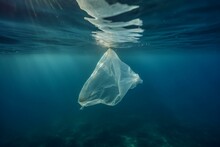 A Plastic Bag Submerged In The Ocean, Contributing To Microplastic Pollution. Generative AI