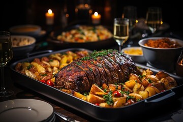 Holiday festive dinner. Grilled meat with vegetables on the table