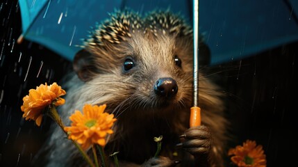 Poster -  a hedgehog holding an umbrella in the rain with flowers in the foreground and an orange flower in the foreground.  generative ai