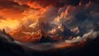  a painting of a mountain range with clouds in the foreground and a sunset in the middle of the picture.  generative ai