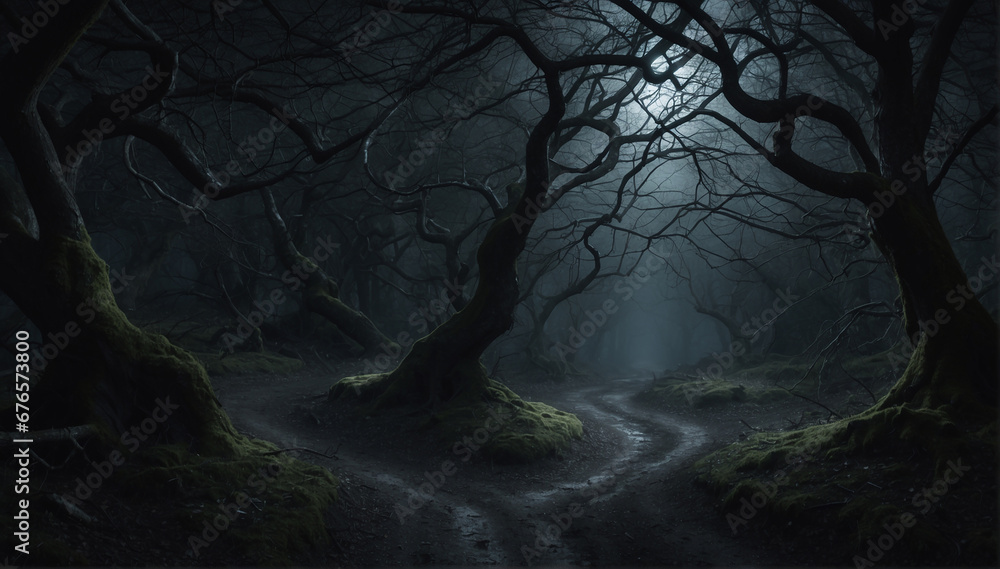 A winding path through a dark and eerie forest, illuminated only by the ...