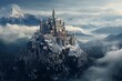 A castle covered in snow atop a mountain. Generative AI