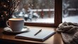 Morning coffee and journal time against a snowy window backdrop. Tranquil scene with coffee cup and notebook on a wooden table