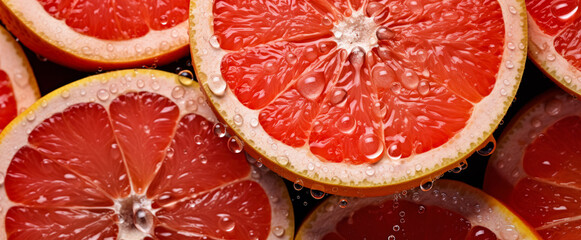 Wall Mural - Fresh red grapefruit slices, with water drops over it, closeup macro detail. Generative AI