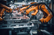 Robotic arms in an aerospace manufacturing facility, expertly welding and inspecting aircraft parts.