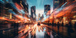 The city pulses with life in a time-lapse, people streaming by in a blur of motion and color