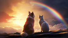 Cat And Dog Looking At Rainbow - Concept Of Pets Passing Away