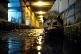 Fototapeta Uliczki - A lone little rat navigates the maze-like tunnels in a narrow drainage pipe