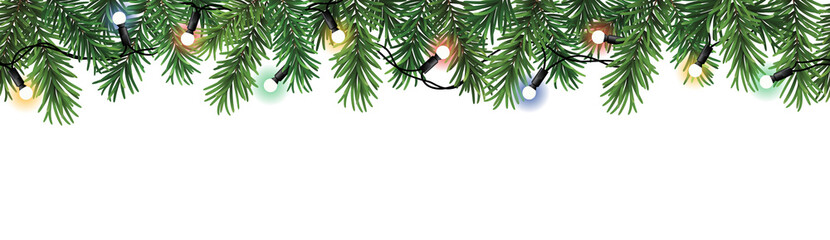 Wall Mural - christmas decoration seamless pattern with branches and colorful christmas lights isolated on transp