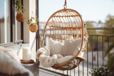 Fototapeta Boho - Cozy boho style balcony interior design with swinging chair, natural decoration and potted green plants
