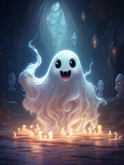 Wall Mural - Cute funny happy fantasy smiling animated ghosts. disembodied and otherworldly beings, fear, world of living and dead, legends and mysteries, remnants of departed souls, pumpkin autumn.