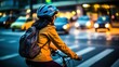 Young woman bicycling to work on the streets of a modern city