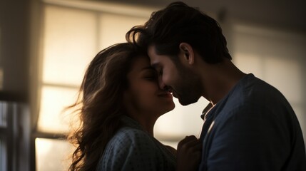 Wall Mural - Young couple getting close to each other in the room of the house