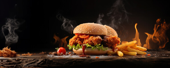 Poster - fresh crispy fried chicken burger sandwich with flying ingredients and spices hot ready to serve and eat food commercial advertisement menu banner with copy space area