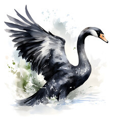 black and white swan, chinese brush painting, black swan on white background, watercolor illustration, A black swan is floating on the lake.