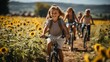 Family bike rides, walks along the paths, active recreation. Relaxing with people on transport among the flowers of the fields