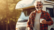 © PaulShlykov - Portrait of an old hipster in front of van holds cup of coffee looking at camera.