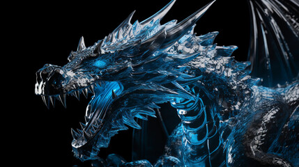 Wall Mural - intricate ice sculpture of a dragon, posed mid-roar, bathed in cobalt blue lighting, displayed again